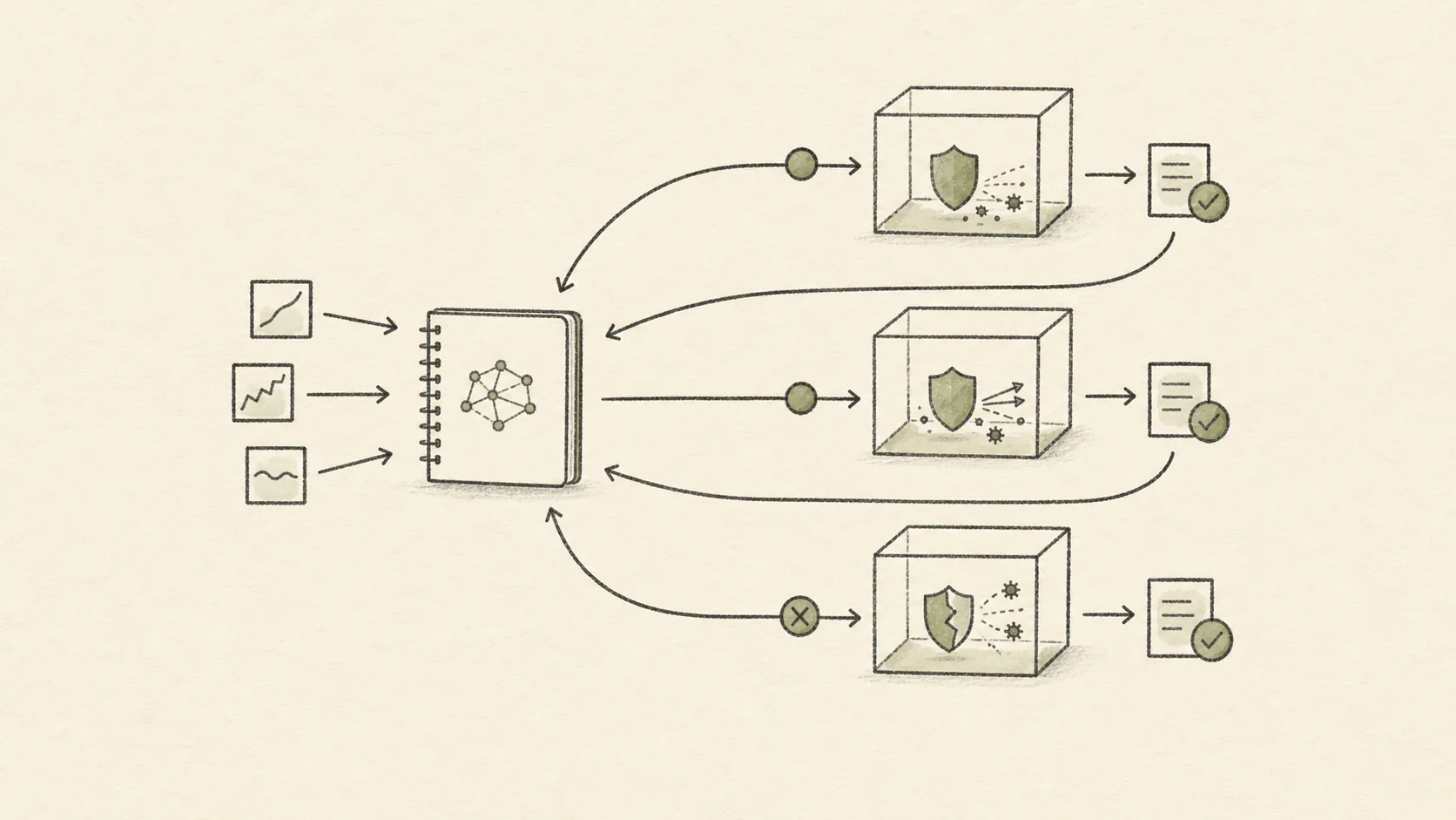 A hand-drawn experience loop in which successful and failed attempts return evidence to a shared research notebook.