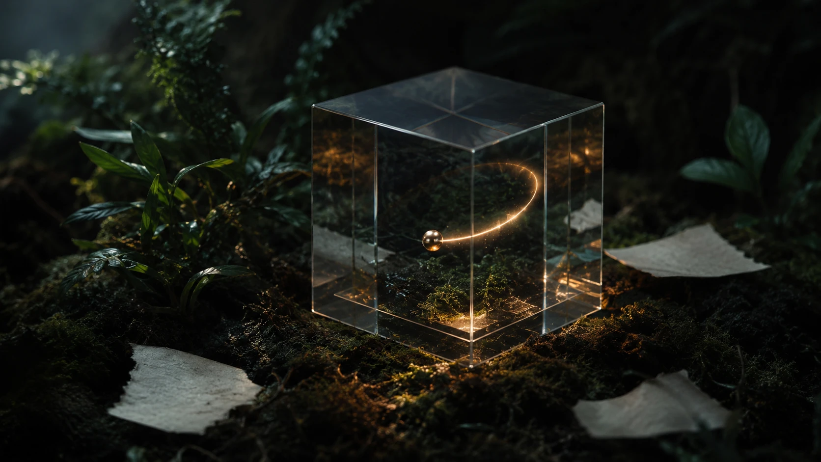 A transparent glass cube containing a glowing path in a dark mossy forest