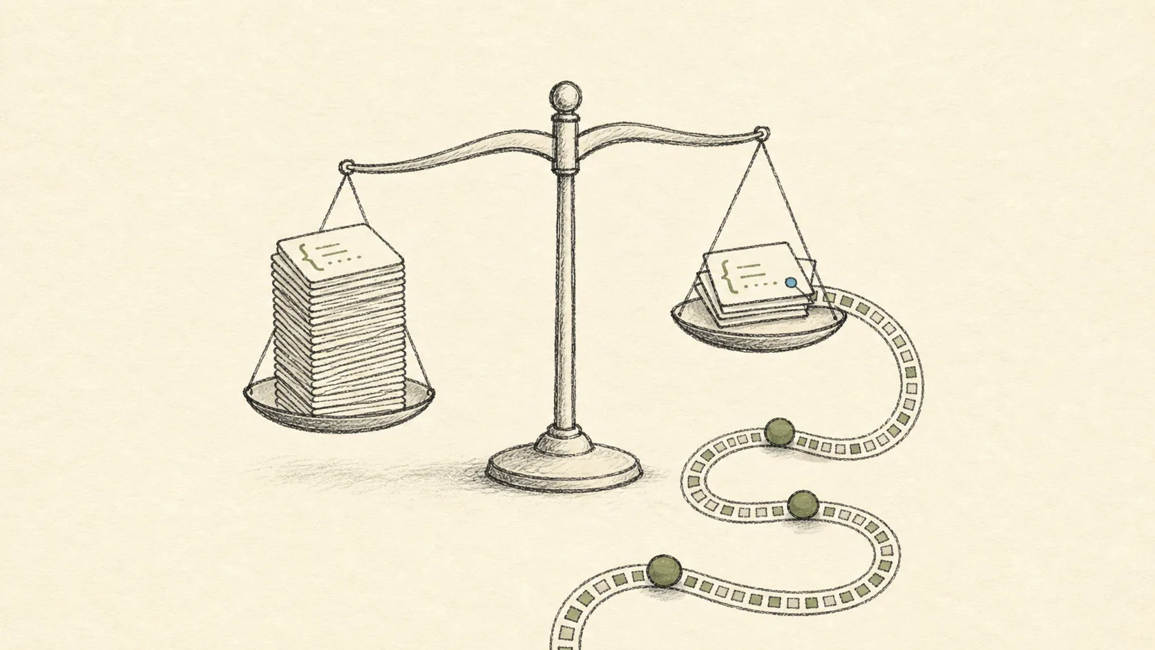 A technical illustration of supervised fine-tuning data flowing through token accounting, curriculum design, and capability checks.
